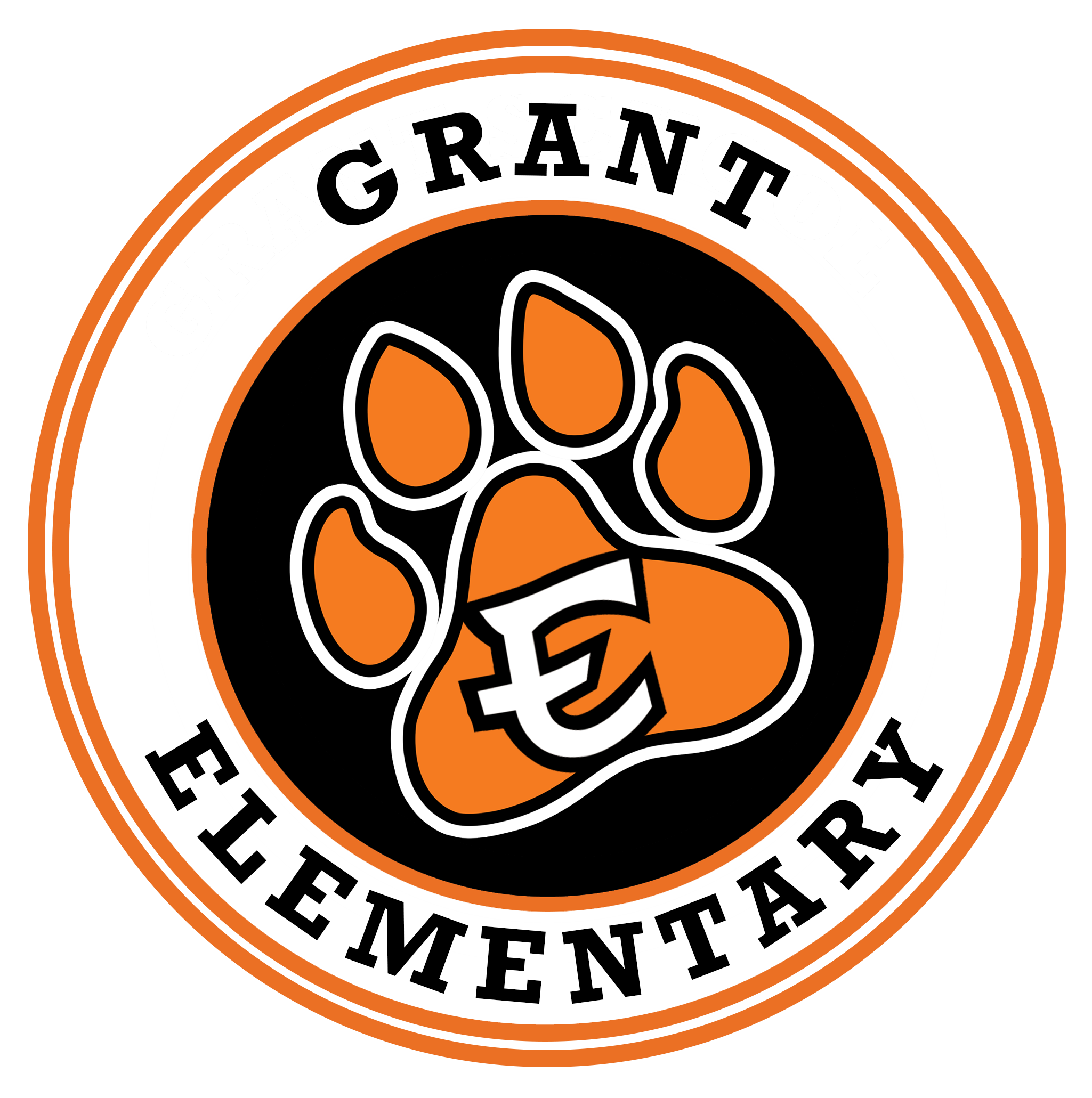 A circular logo for Grant Elementary featuring an orange paw print with a white 'E' in the center.